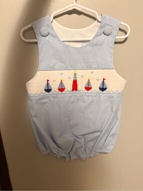 Blue Striped Smocked Sailboat Baby Bubble Romper